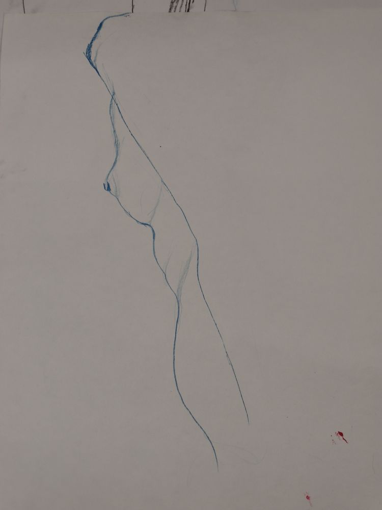 Blue pencil drawing of a woman seen slightly from behing, minimalist, with one line to draw the silhouette of the belly until the breast, then the line of the arm cuts the drawing