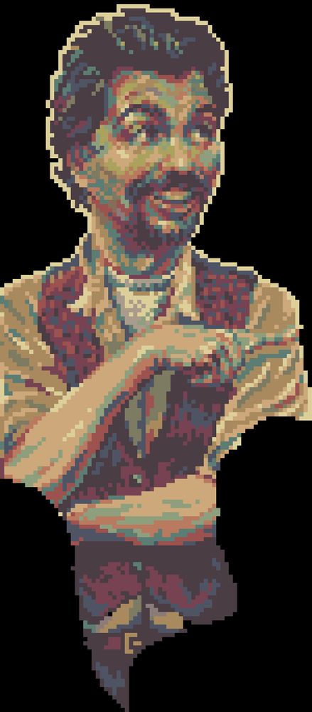 Self portrait in pixel art, wearing a yellowish shirt and a reddish suit vest with a funky texture. I'm looking to the left, with a smile, the finger of the right hand pointing in the same direction. 