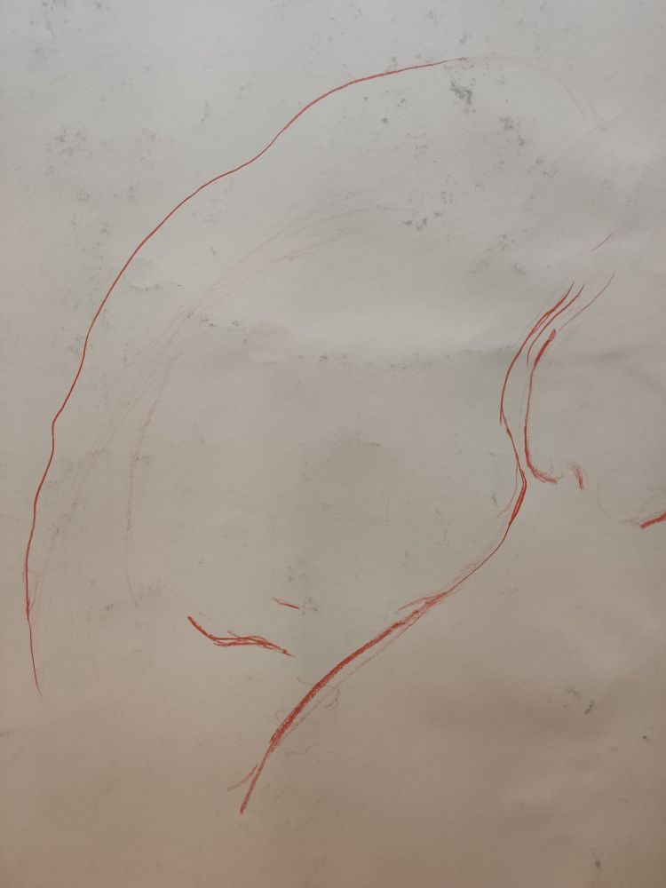 Incomplete drawing of a reclining woman hard to read, a line draws the recurved back, another line in the opposite side draws the shoulder + start of the arm