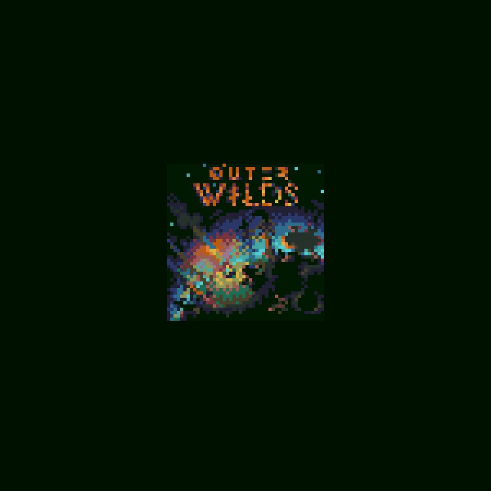 pixel art version of the outer wilds album cover, featuring a campfire on a small planet with an astronaut in front of it, their navet sitting on the background.