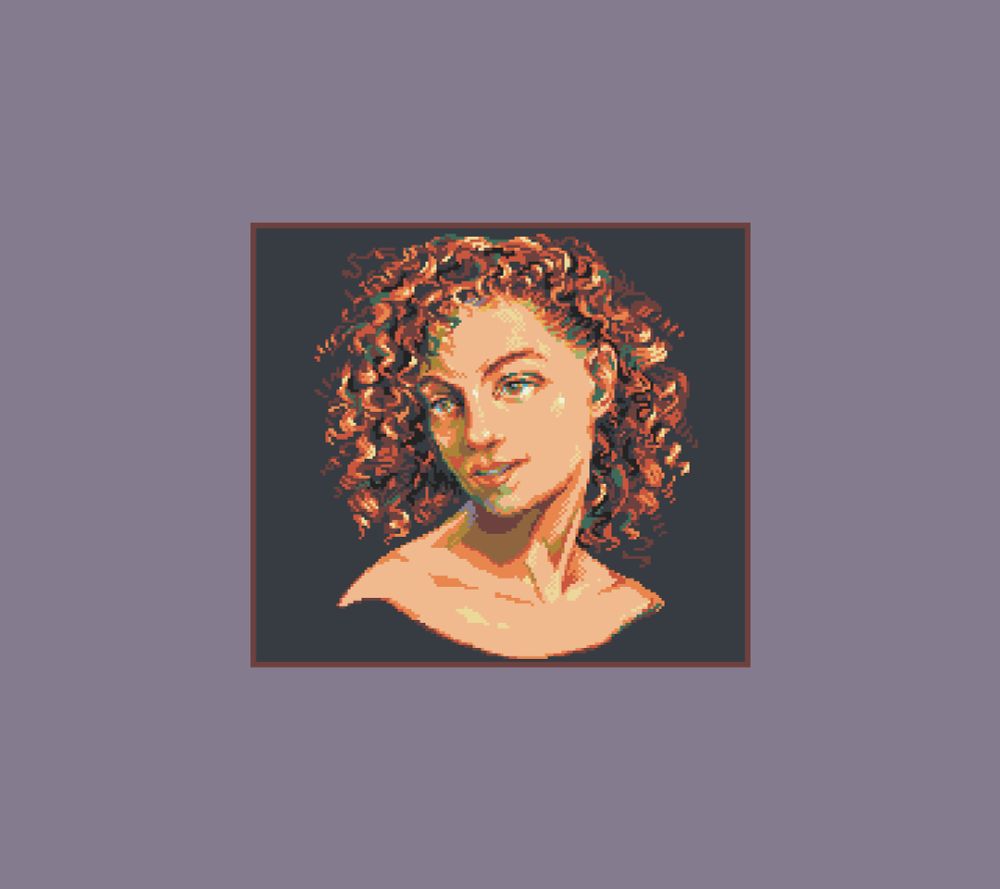 pixel art portrait of a white woman with redish hair, the face slitghtly bent and facing slightly down. she has very fluffy and curly hair. 