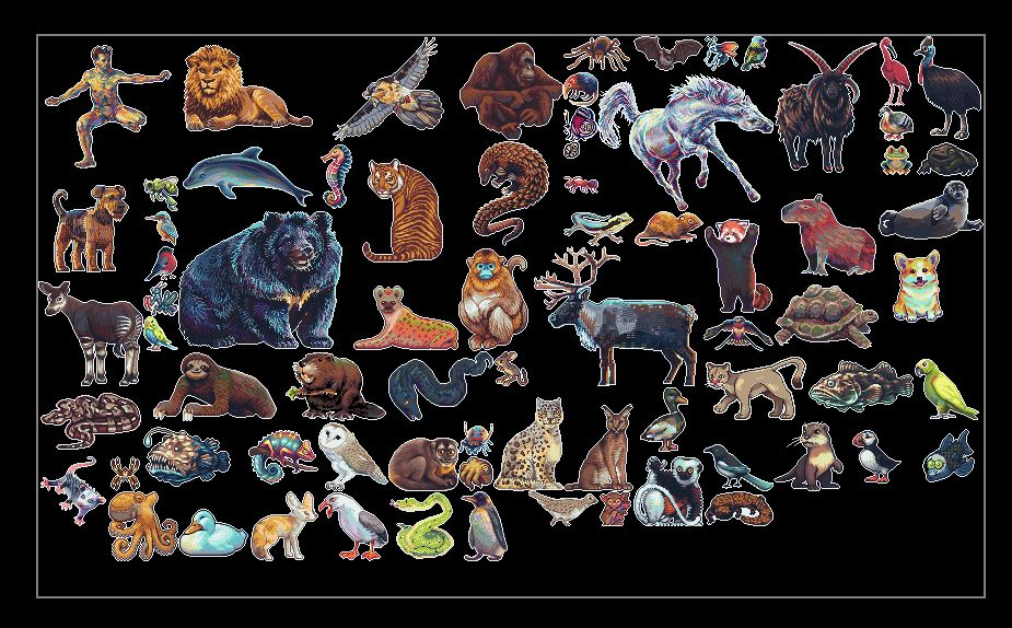 Pixel art animal atlas arranged on an invisible grid.