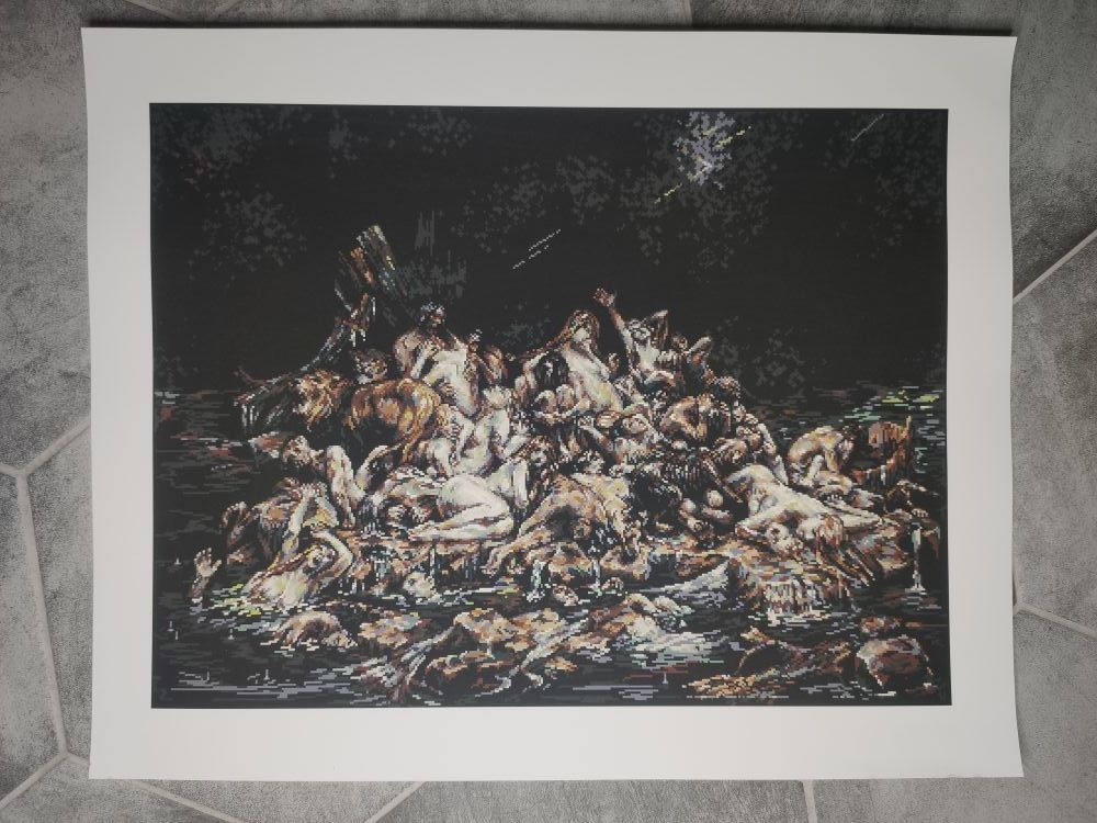 30x40cm print of the pixel art rendition of painting Le Déluge, by leon Comere. The piece depicts a handfull of naked people packed on a rock in the middle of the sea, under a heavy rain. They're laying on the ground, screaming, sharing their refuge with a dog and two lions. People are drowning.