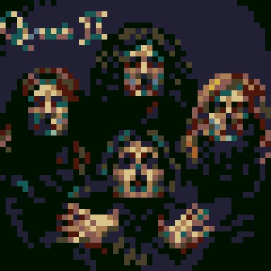 pixel art copy of Queen 2 cover album. The four members are in high contrast ligh coming from front/bottom, heads slightly raised up. Freddy mercury, in the front, has both hands raised with arms crossed.