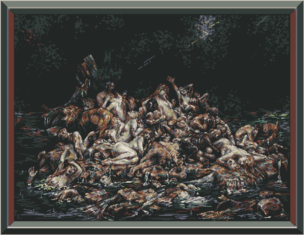 pixel art copy of painting Le Déluge by Léon François Comerre.
The painting represents a scene of the biblical Flood. By night, on what seems to be a rock, under an heavy rain, lies around thirty people. Mostly naked, terrified or in despair. 2 lions found shelter under the remnants of a tree, among the humans. A few people have already drowned while some are trying to stay afloat by agripping other people's hair.a wet dog is steppng over a few inanimate bodies. A baby is screaming, under the arm of what seems to be their mother, eyes closed.