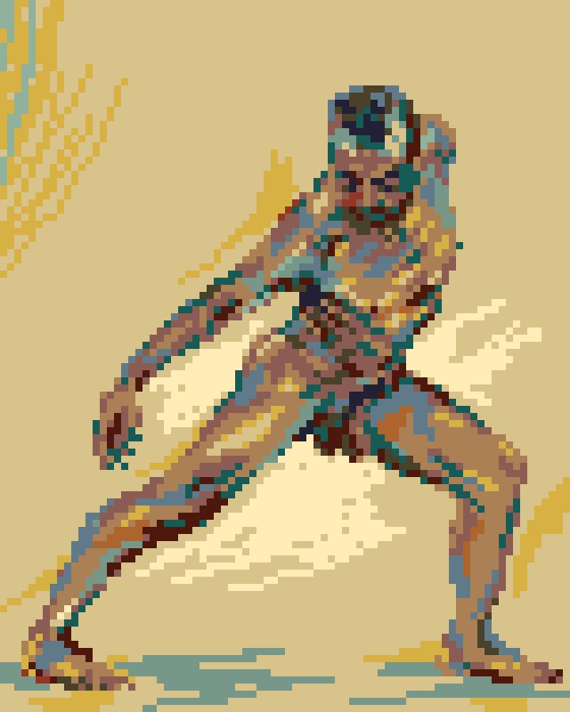 pixel art nude of a man standing in a dynamic pose, torso twisted, butt up, firmly standing on his legs. One arm is hidden behind his body. aFace slighlty bent down.