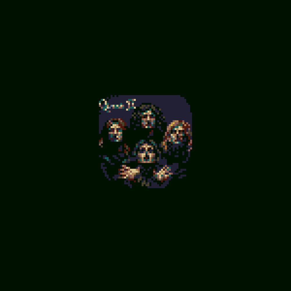 pixel art copy of Queen 2 cover album. The four members are in high contrast ligh coming from front/bottom, heads slightly raised up. Freddy mercury, in the front, has both hands raised with arms crossed.