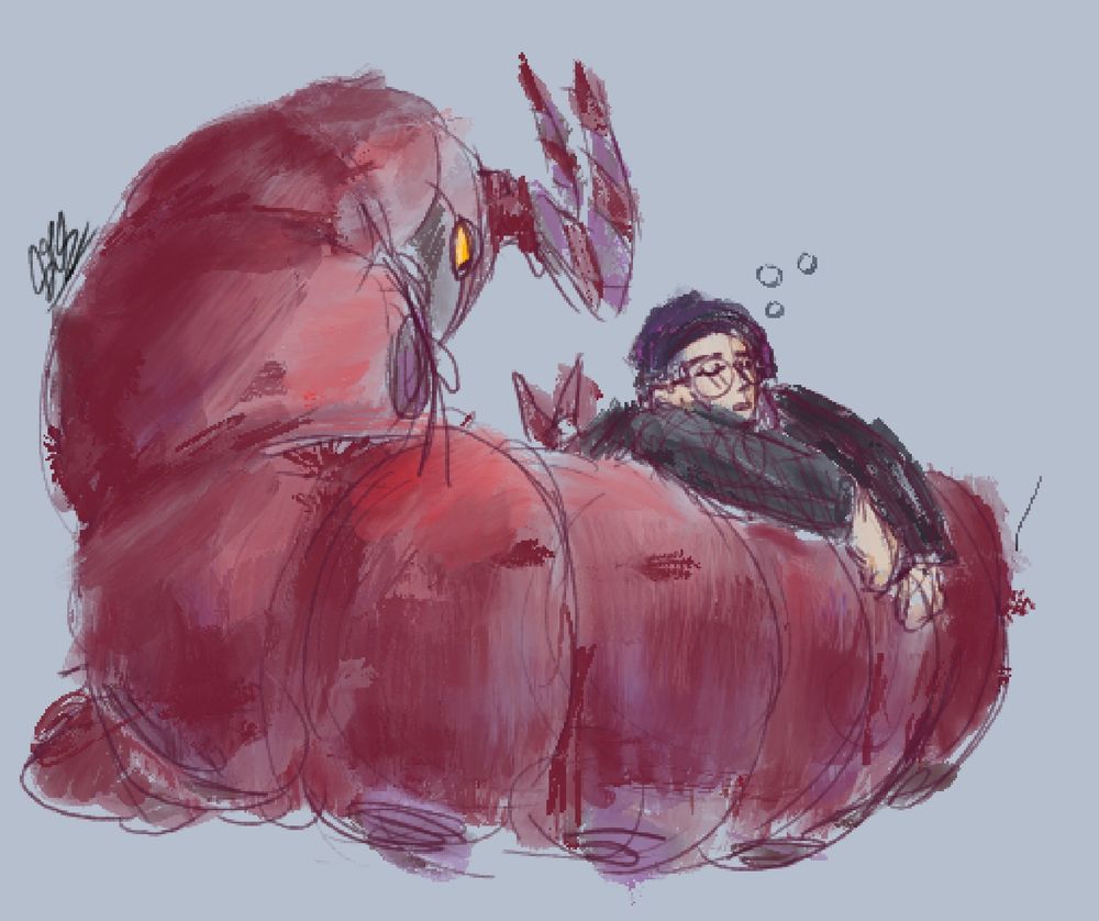 Corbeau from Pokémon Legends ZA testing on his partner Pokémon, Scolipede. He has his arms thrown over Scolipede’s curled-up figure, and Scolipede is looking at Corbeau.