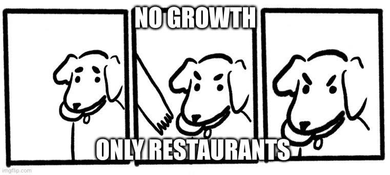 Dog holding Frisbee meme with "No growth, only restaurants"
