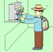 MS Paint Picture of a man stealing soda by using a cup with hose attached to the bottom that is attached to a container in his backpack