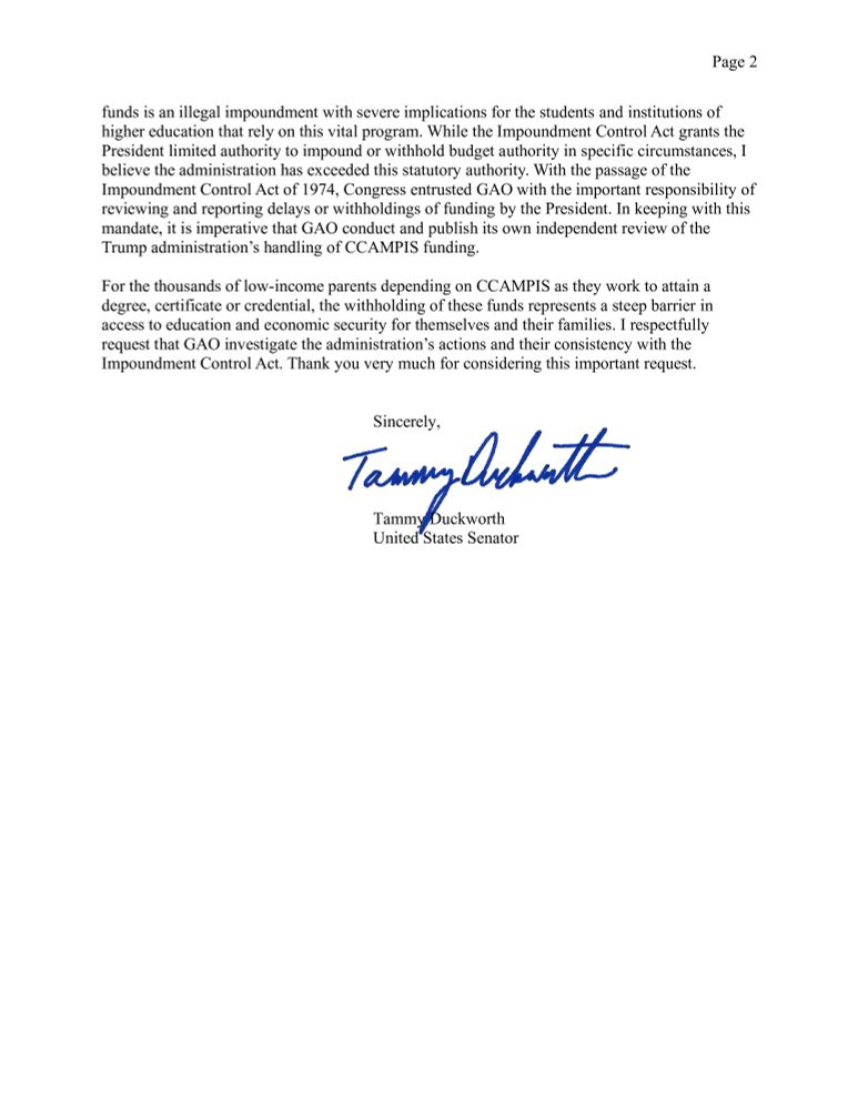 A letter from Senator Duckworth to the Comptroller General of the United States.