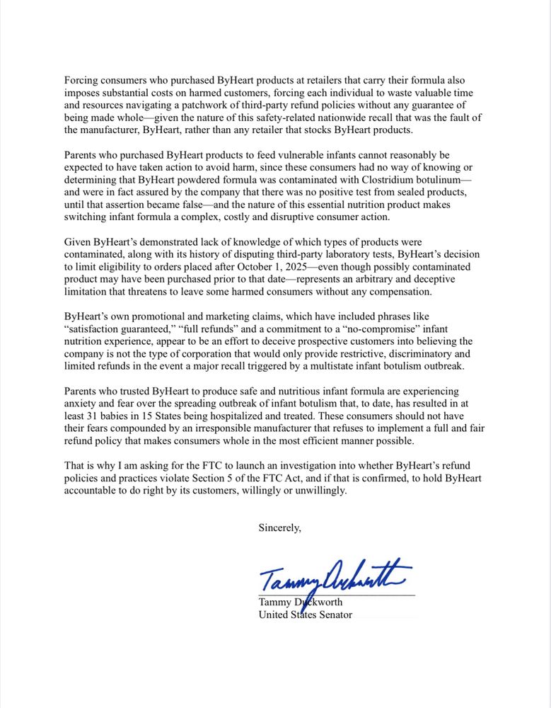 Screenshot of Senator Duckworth’s letter to FTC Chairman Ferguson