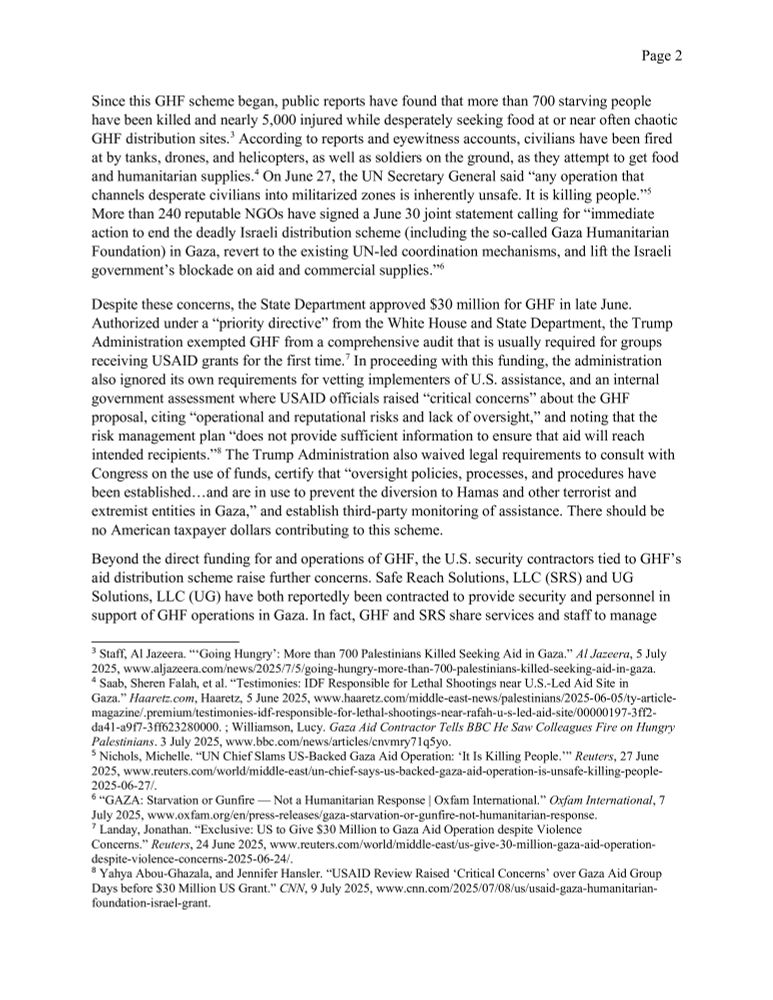 Letter by U.S. Senator Van Hollen joined by U.S. Senator Duckworth and her colleagues pressing the Trump Administration for answers on the Gaza Humanitarian Foundation (GHF).