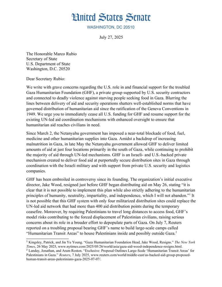 Letter by U.S. Senator Van Hollen joined by U.S. Senator Duckworth and her colleagues pressing the Trump Administration for answers on the Gaza Humanitarian Foundation (GHF).