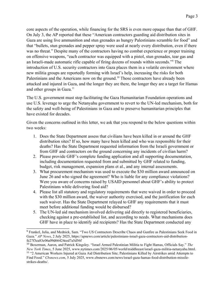 Letter by U.S. Senator Van Hollen joined by U.S. Senator Duckworth and her colleagues pressing the Trump Administration for answers on the Gaza Humanitarian Foundation (GHF).