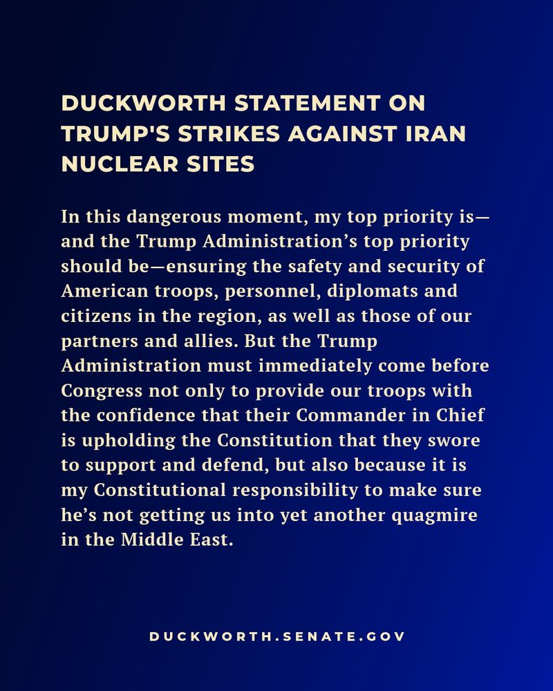 Duckworth statement on Trump’s strikes against Iran nuclear sites.