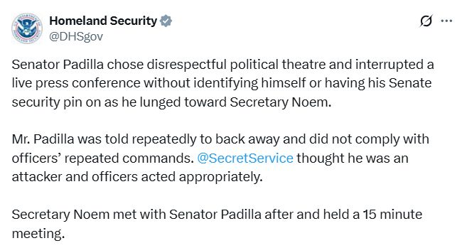 A post from the official Department of Homeland Security's X account.