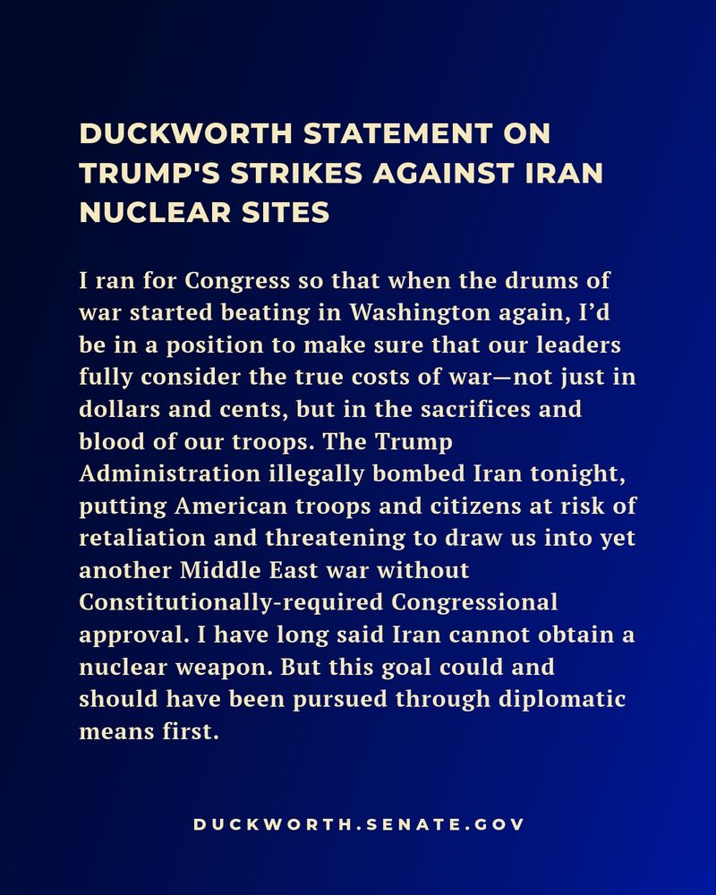Duckworth statement on Trump’s strikes against Iran nuclear sites.