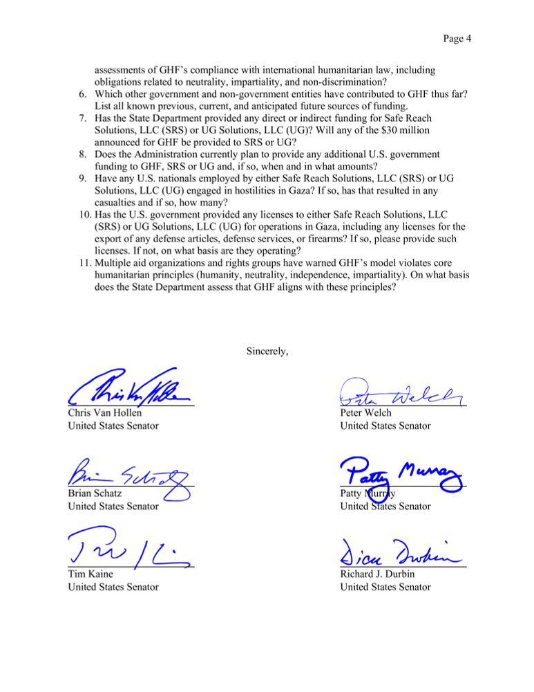 Letter by U.S. Senator Van Hollen joined by U.S. Senator Duckworth and her colleagues pressing the Trump Administration for answers on the Gaza Humanitarian Foundation (GHF).