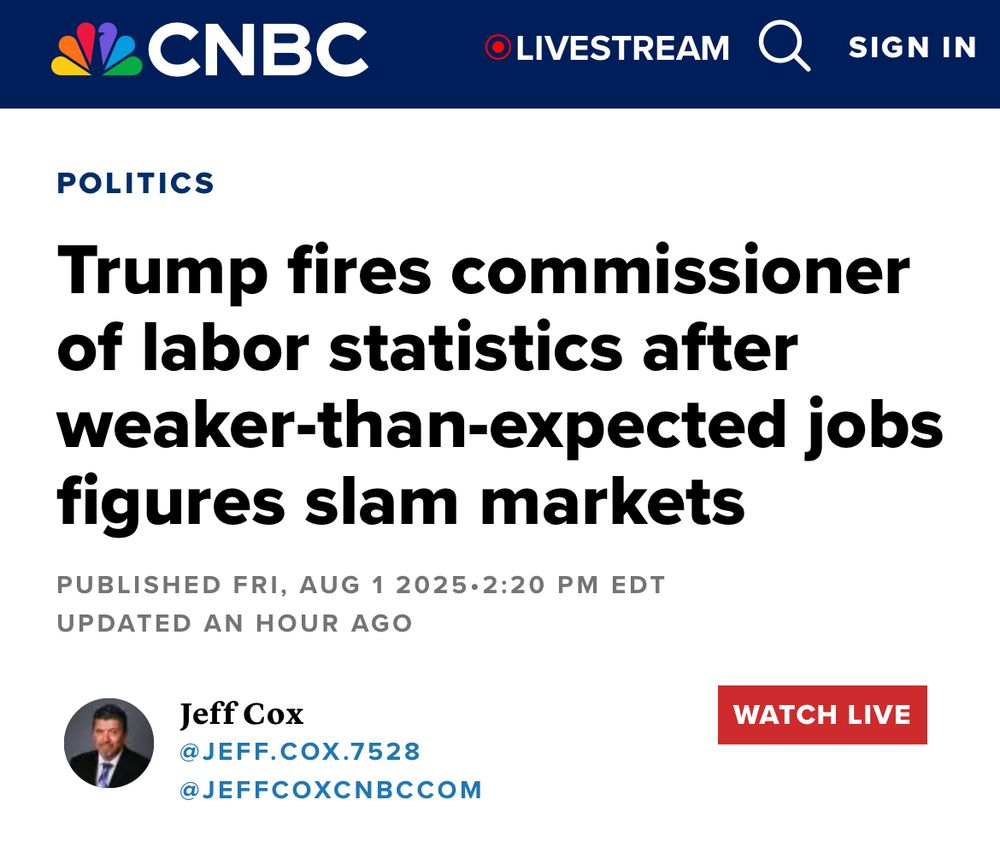 CNBC: Trump fires commissioner of labor statistics after weaker-than-expected job figures slam markets