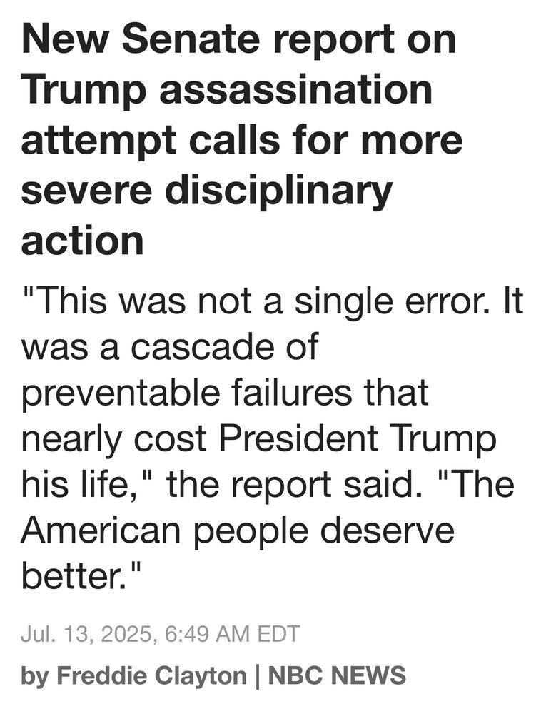 NBC Headline: New Senate report on Trump assassination attempt calls for more severe disciplinary actions