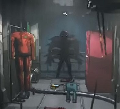 a monster from Lethal Company known as the Bracken, standing in the doorway of the ship. 