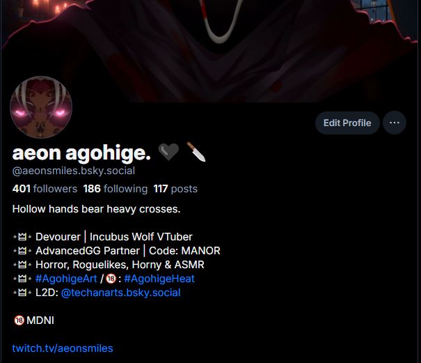 A screenshot of Aeon's BlueSky profile, celebrating as he passed the milestone of 400 followers! 