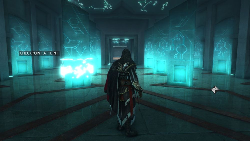 Assassin's Creed Brotherhood screenshot showing a character in room made of stone wall with intense blue light and alien symbols on several monolith. The floor reflects the whole room to give a futuristic look yet it is in the Florence Renaissance Era.