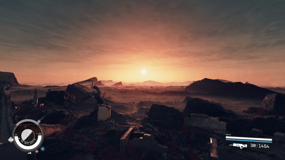 First person with some the game Starfield.

A sunset in the distance with a morning fog giving an atmospheric look to the light. The sky is a mix of pale-orange and pale-blue, giving an hopeful mood.