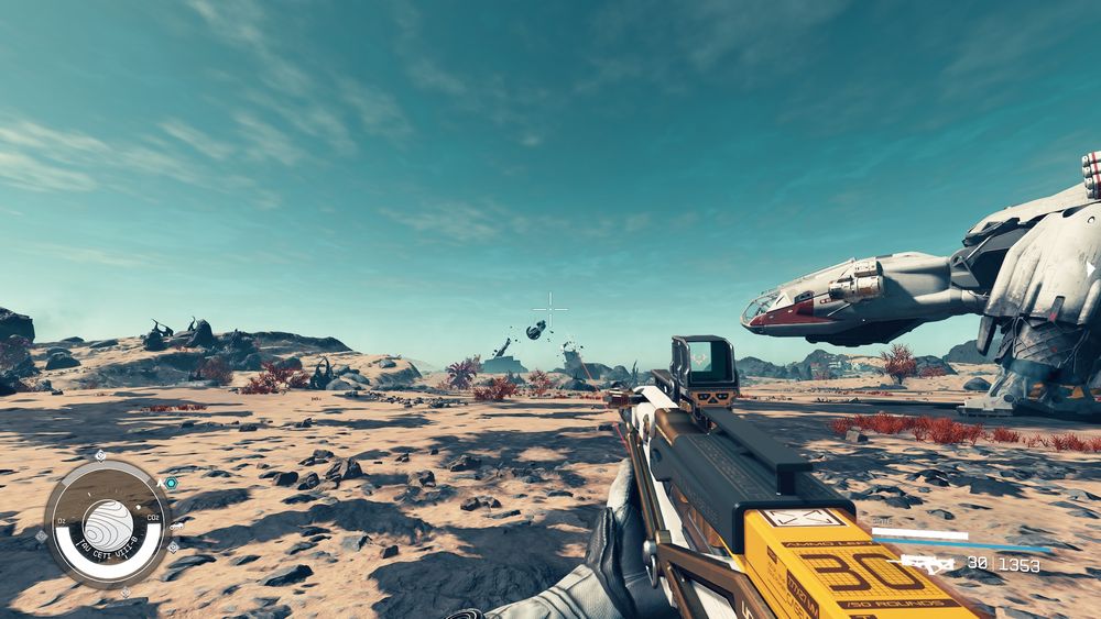 First person with some the game Starfield.

The player is holding their weapon toward the landscape with a morning view over a blue sky. There is an abandoned alien temple in the background and a human spaceship on the right of the screen.