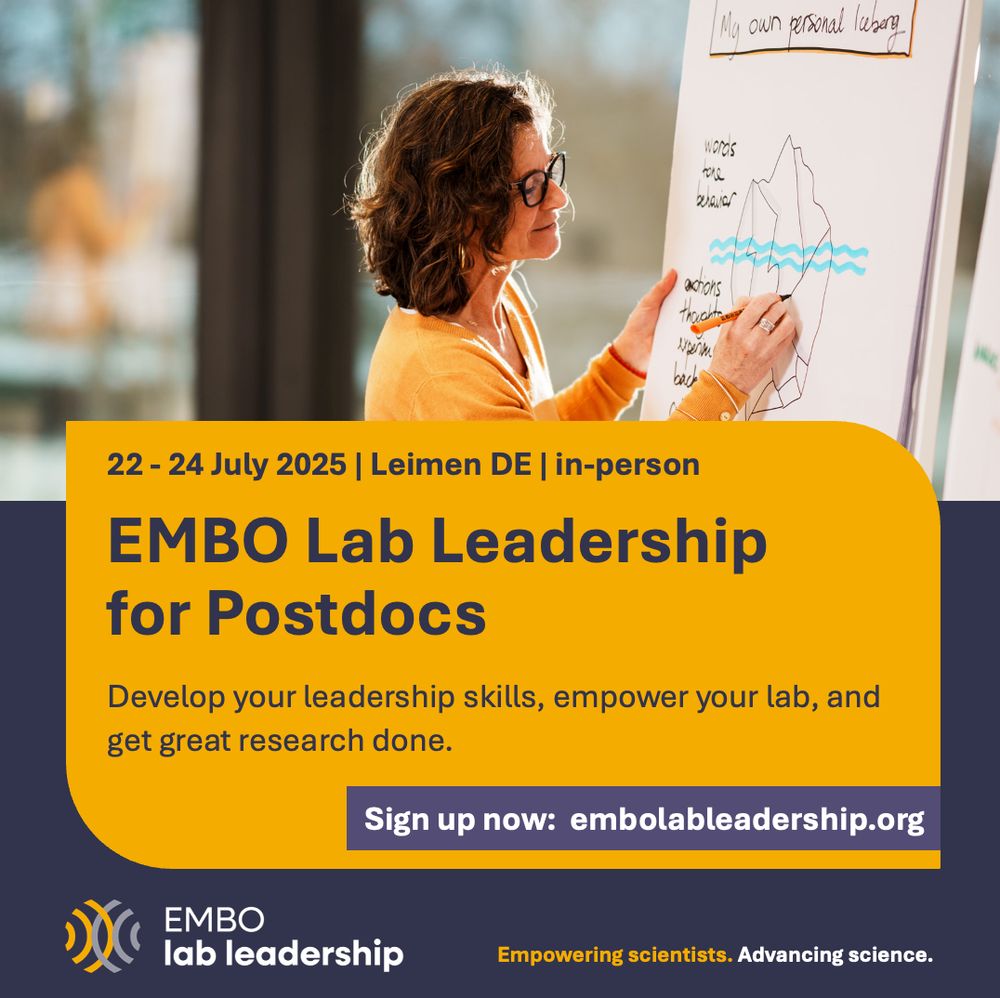 A woman writing on a flipchart during a course. Text highlighting the EMBO Lab Leadership for #Postdocs course on 22-24 July in Leimen, Germany still has places available