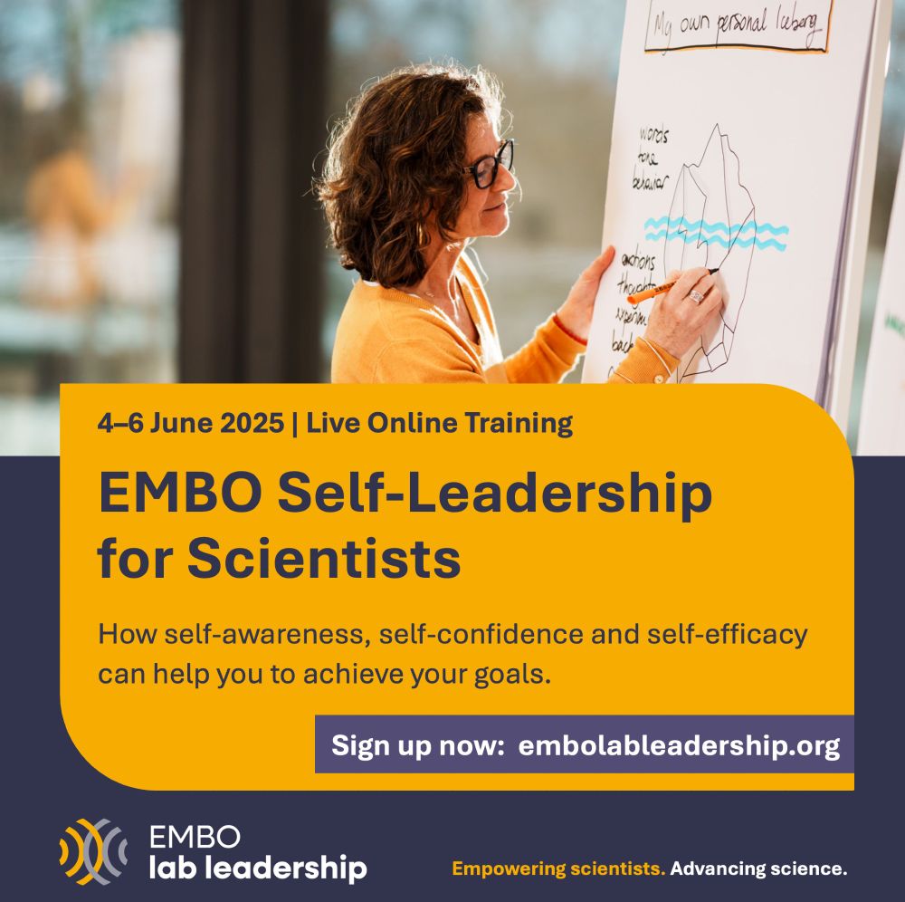 woman writing on a flipchart. Text highlighting that our next self-leadership for Scientists online course on 4-6 June still has places available