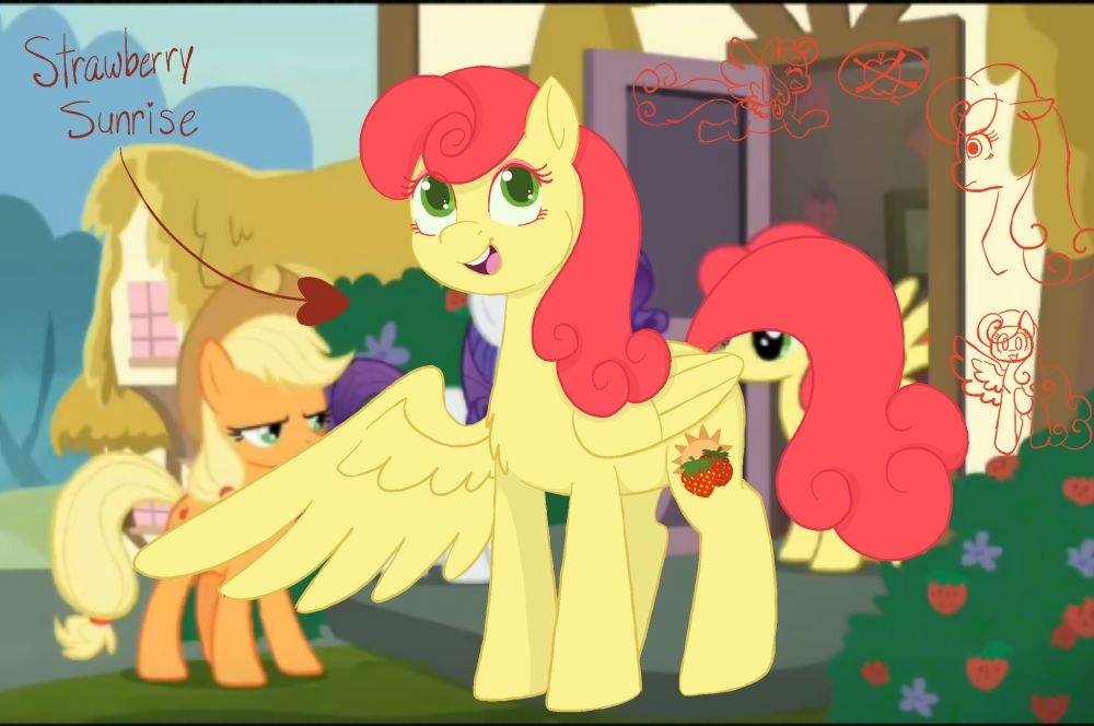 A drawing of Strawberry Sunrise from MLP:fim placed on top of a screenshot she was featured in
