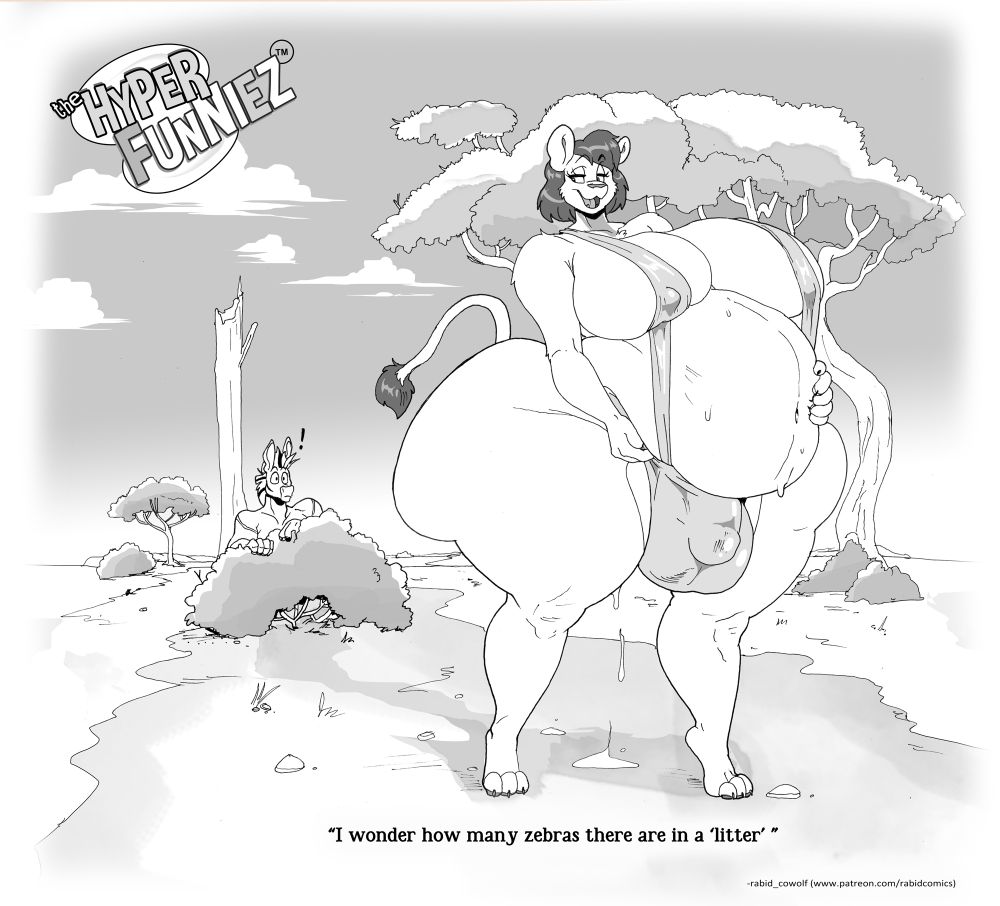 A lion boy with big birthing hips, huge booberinos and big distended belly is busy teasing a zebra boyfriend.