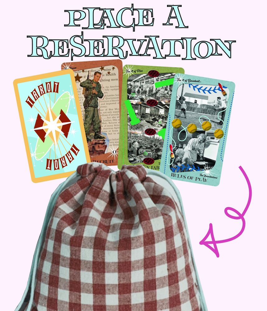 An informational graphic telling you that if you place a reservation, you get a free gingham bag, pictured.