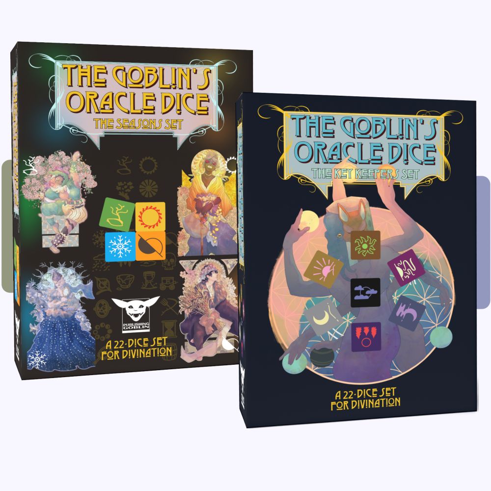 Two product boxes that both say The Goblins Oracle Dice. One features four colorful dice, green, yellow, blue, and orange, and says The Seasons Set. The other features 7 darker dice, and says The Key Keepers Set. Both note they are 22-dice sets for divination