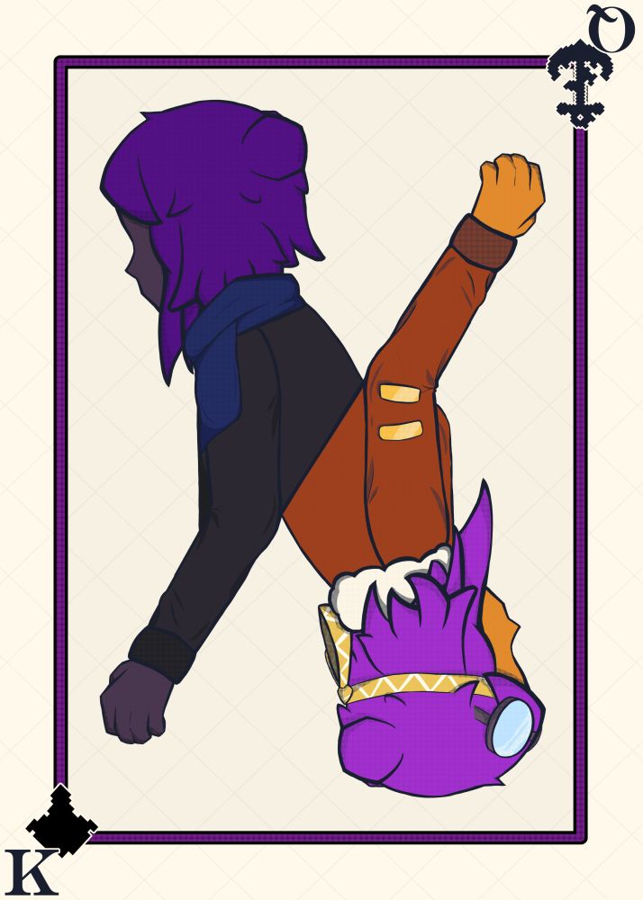 A playing card split in half diagonally, one being the king as Noxintrus, the other being the Queen as Luxintrus. (Literally just the previous one flipped) 