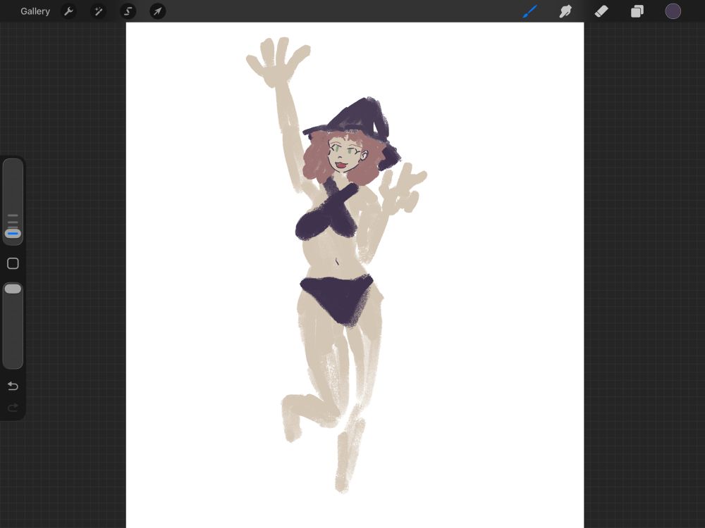 Color block in of female figure raising arm, the face doesn’t match the pose and the proportions are off