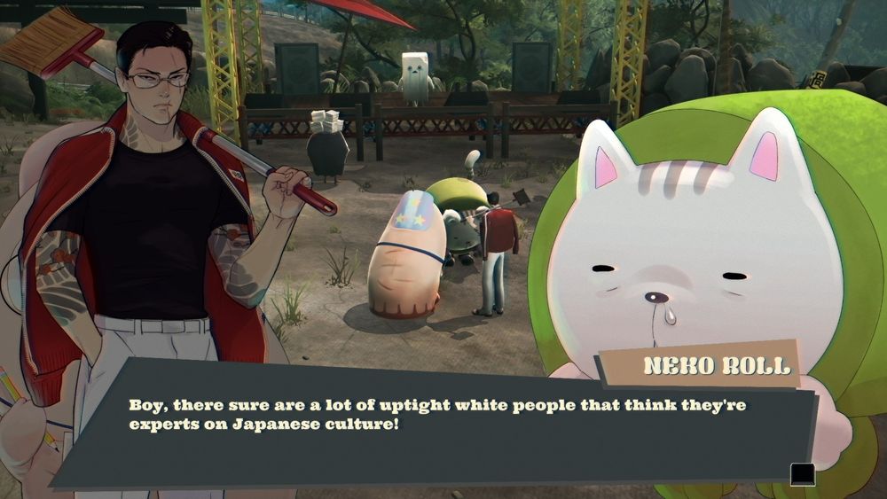 Mascot Neko Roll says, in a workplace conversation: "Boy, there sure are a lot of uptight white people that think they're experts on Japanese culture!"