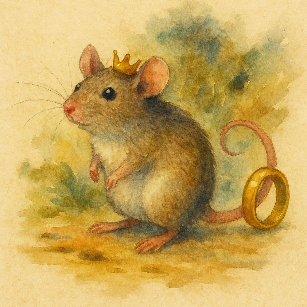 A delicate watercolor painting of a small, wide-eyed ground squirrel with a golden ring near her tail like a royal accessory. She stands on her hind legs in a patch of dappled forest floor, crowned by soft washes of green and golden light. The scene is both whimsical and gently magical, like a page from a woodland fable.