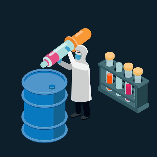 Cartoon of a scientist dressed in full PPE in a scene with a larger than life test tube rack behind them, and they're holding a test tube as big as the over a large drum barrel