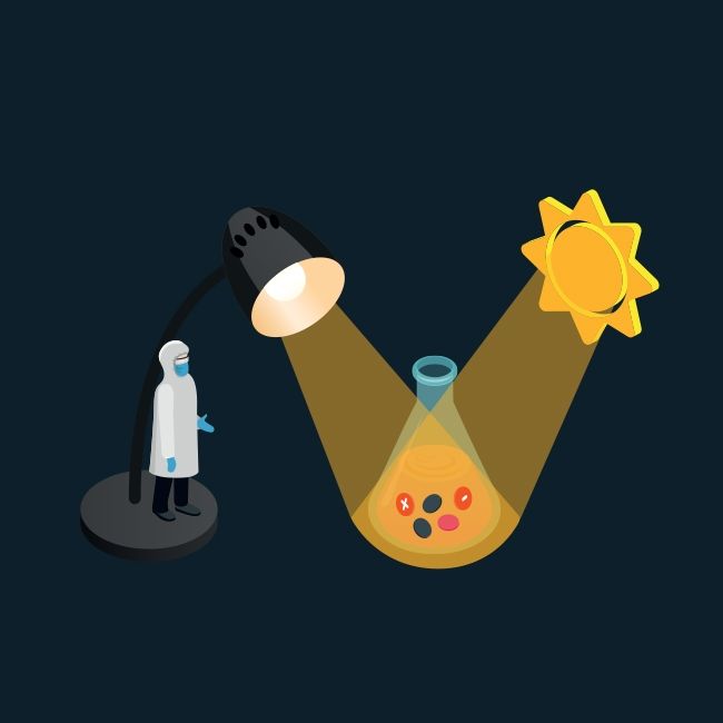 Scientist observing a well illuminated reaction flask containing radicals, charges and reactive chemicals.