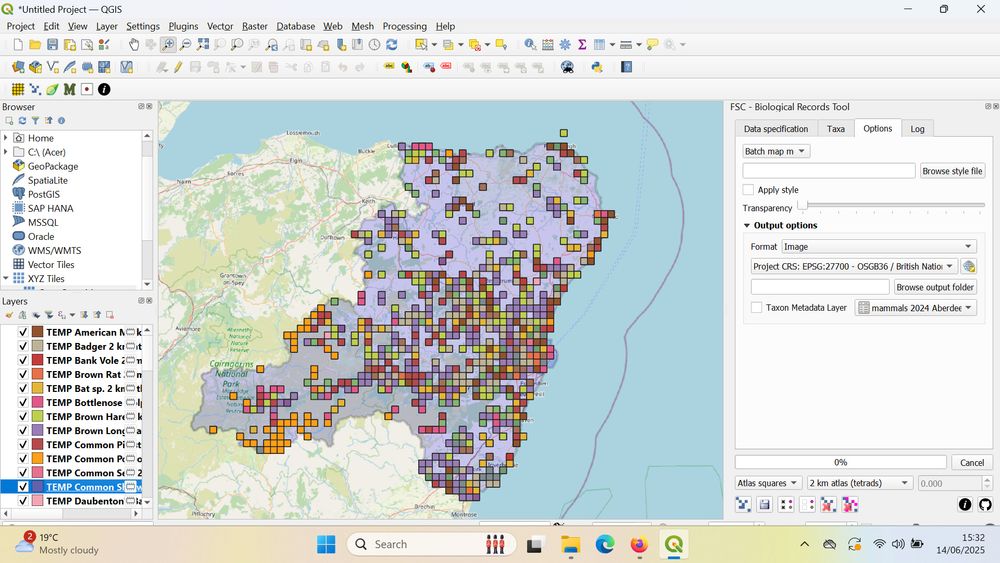 Screenshot from QGIS, showing North East Scotland and tetrads with records concentrated especially in centre and east of region.