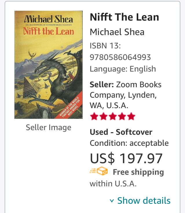 Photo of Michael Shea’s novel Nifft the Lean, dude on a dragon waving his spear with a pyramid in a river in the background. 