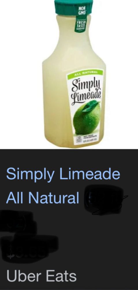A bottle of Simply Limeade

Text reading Simply Limeade All Natural Uber Eats