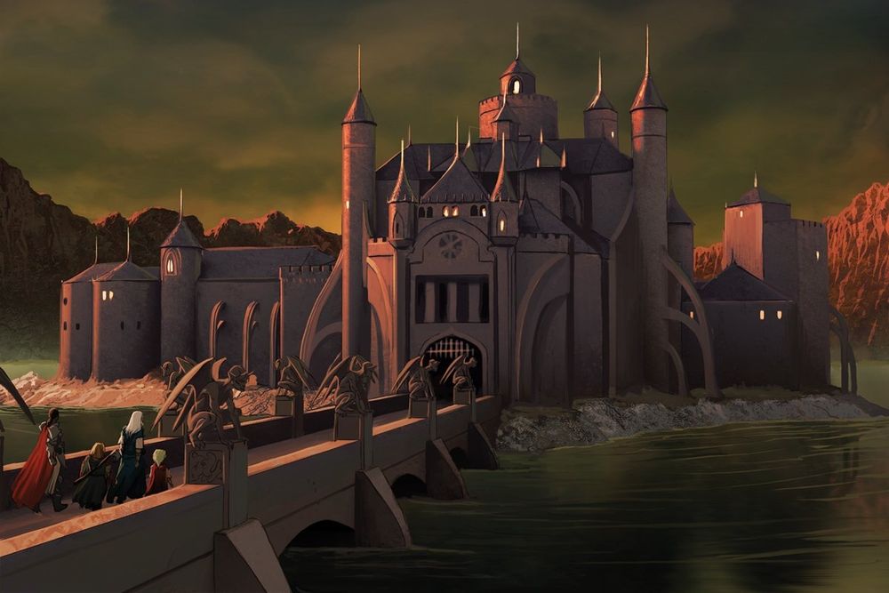 Castle Scarwall in Golarion, from Pathfinder.

Its basically Dracula's Castle, but with the serial numbers transmuted off. A solitary stone castle in a vast moat/lake with a long stone bridge leading to it. 