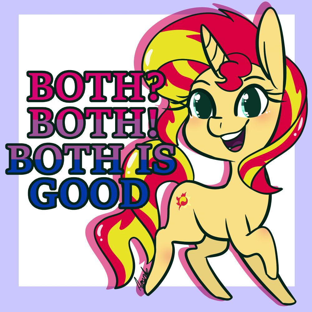 Chibi version of Sunset Shimmer from MLP with the words "Both? Both! Both is good." in the colors of the bisexual pride flag.