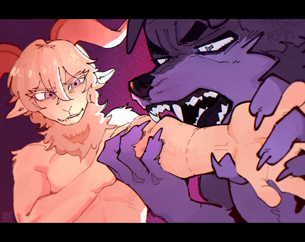 goon clutches onto pinas outstretched arm. Pina braces and bites his lip as goons fangs touch his skin.