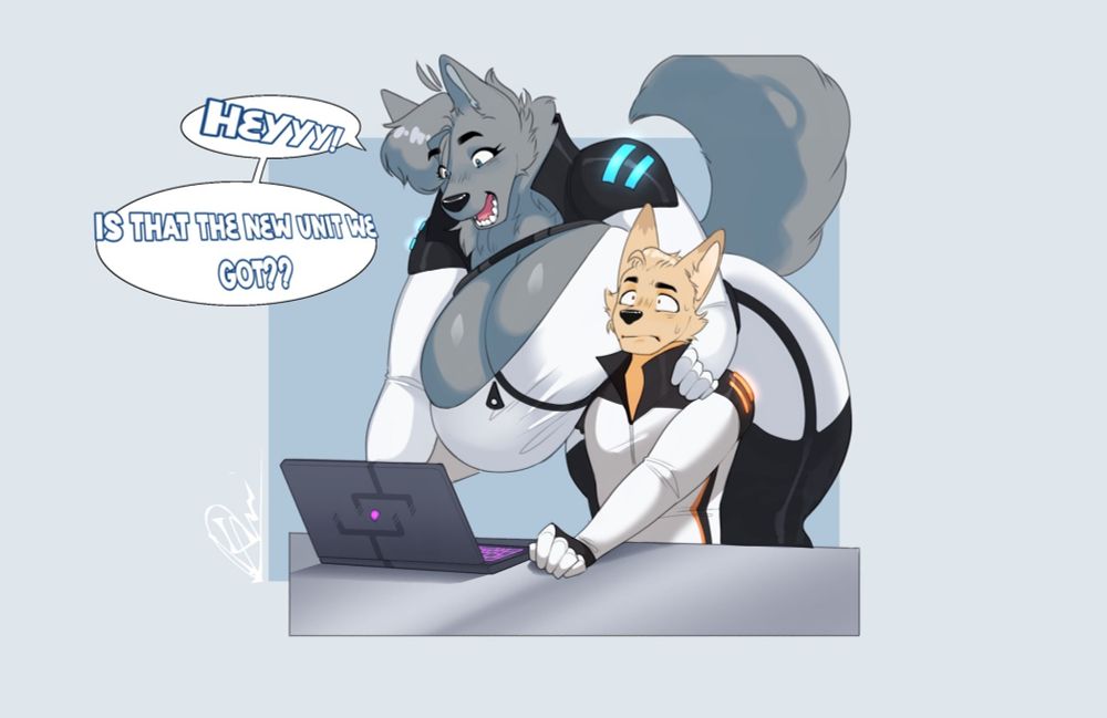 It's Skye Sierra and Sev Simms. Sev is sat at a desk using his laptop. Skye is leaning over him to look at his laptop. Her big chest is touching him, a lot.