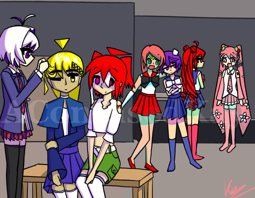 From left to right: Flower as Osana Najimi; Akita Neru and Yowane Haku as Lawine and Kanne; Momone Momo, Utane Uta, and Kasane Teto as the sailor scouts; and Hatsune Miku as Sakura Hatsune Miku